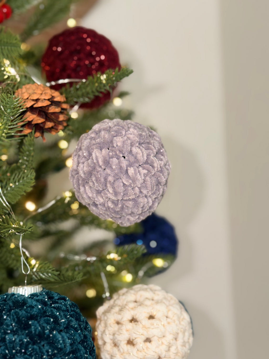 Handcrafted Velvet Crochet Christmas Bauble Ornament – Sparkly Holiday Tree Decor | Handmade Crochet Ornament | Single or Set of 4