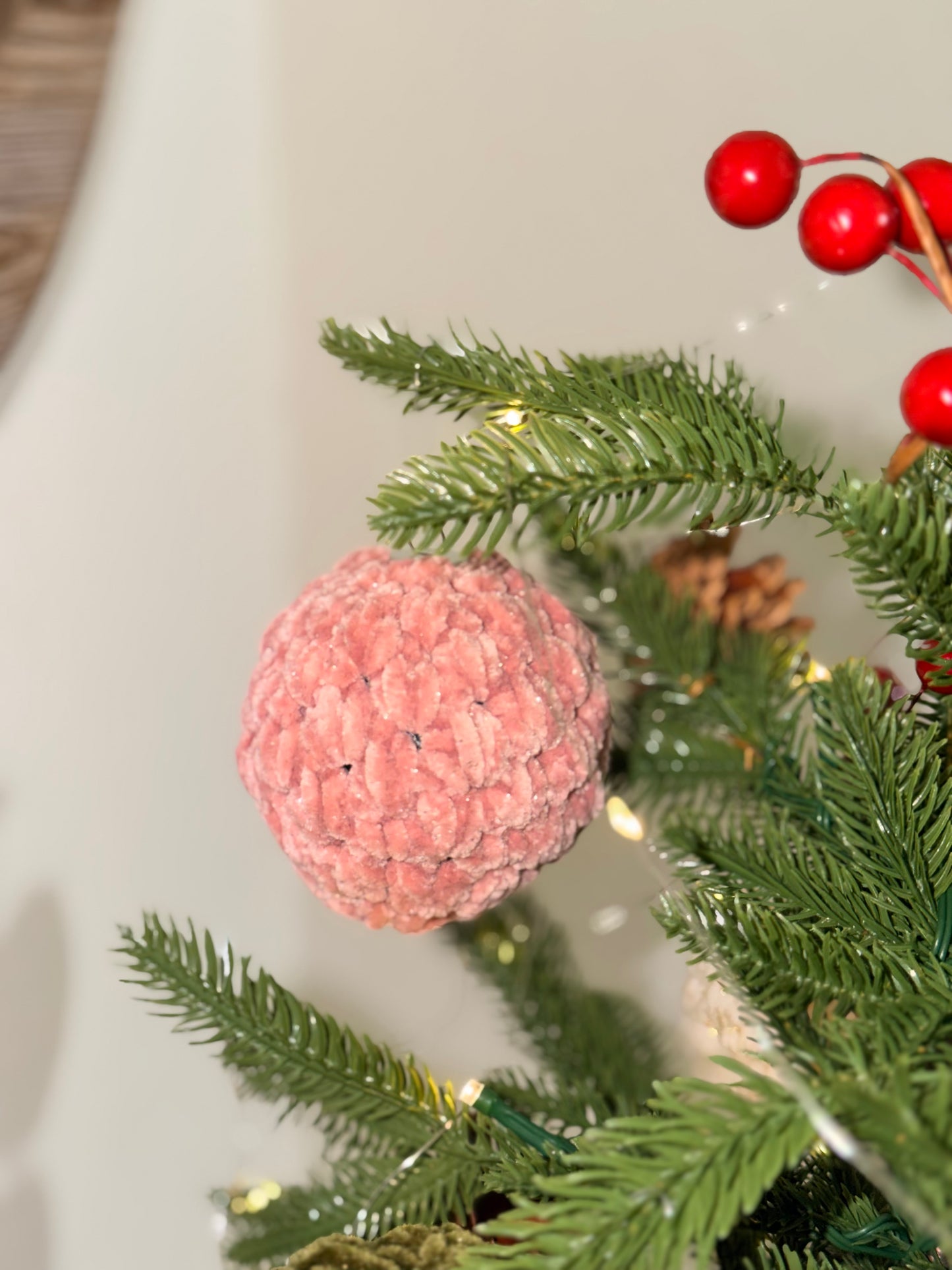 Handcrafted Velvet Crochet Christmas Bauble Ornament – Sparkly Holiday Tree Decor | Handmade Crochet Ornament | Single or Set of 4