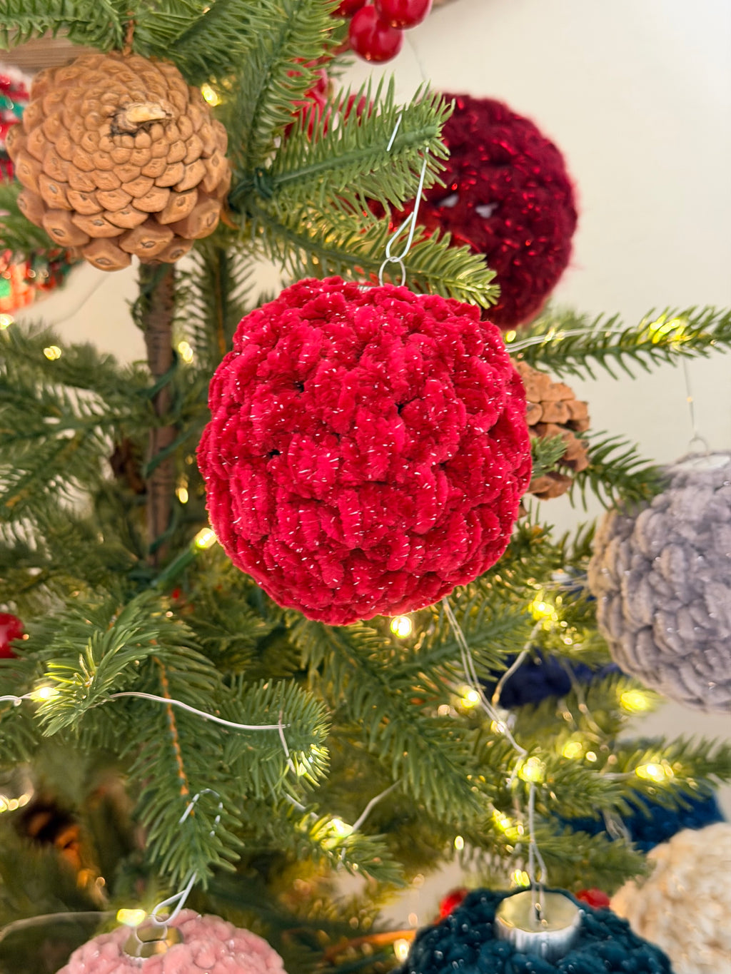 Handcrafted Velvet Crochet Christmas Bauble Ornament – Sparkly Holiday Tree Decor | Handmade Crochet Ornament | Single or Set of 4