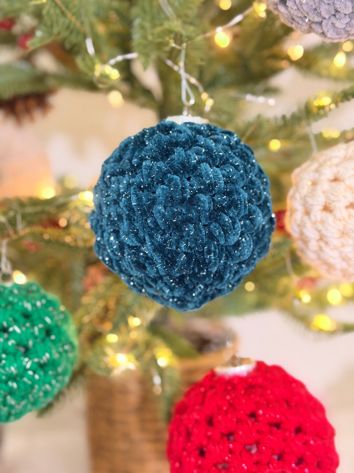 Handcrafted Velvet Crochet Christmas Bauble Ornament – Sparkly Holiday Tree Decor | Handmade Crochet Ornament | Single or Set of 4
