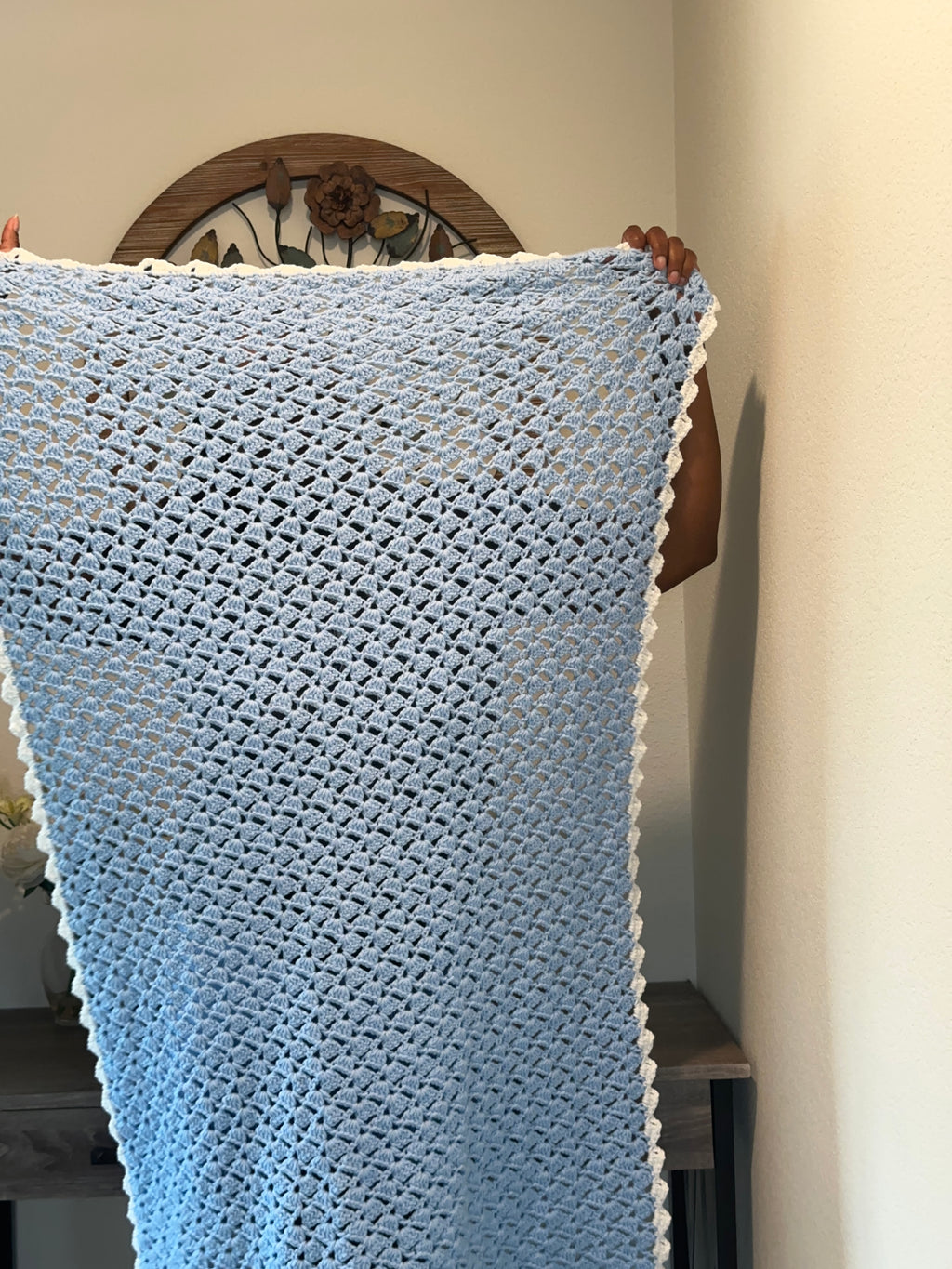 Handmade Crochet Baby Blanket – Shell Stitch Baby Blanket with Matching Border | Custom Baby Shower Gift | Soft Acrylic Infant Blanket