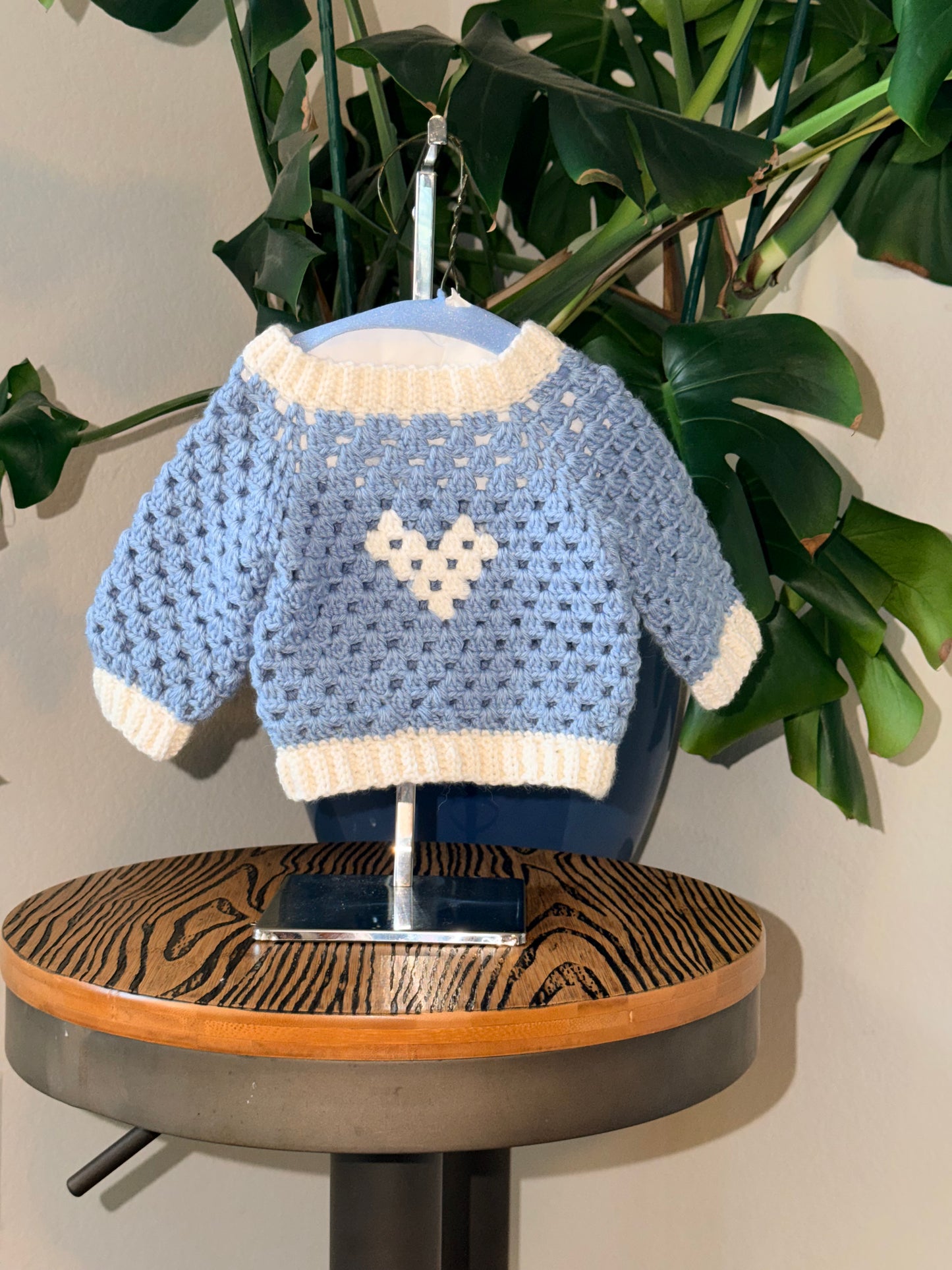Handmade Merino Blend Crochet Baby Sweater/Jumper with Heart Motif
