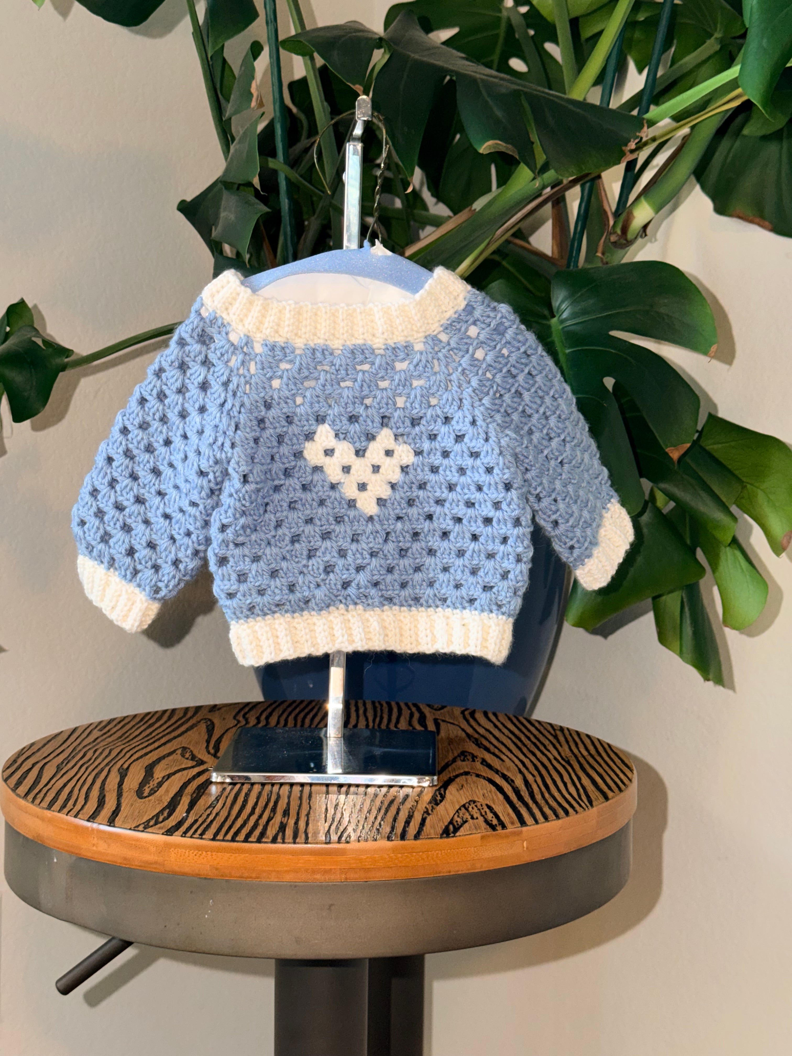 Handmade Merino Blend Crochet Baby Sweater/Jumper with Heart Motif