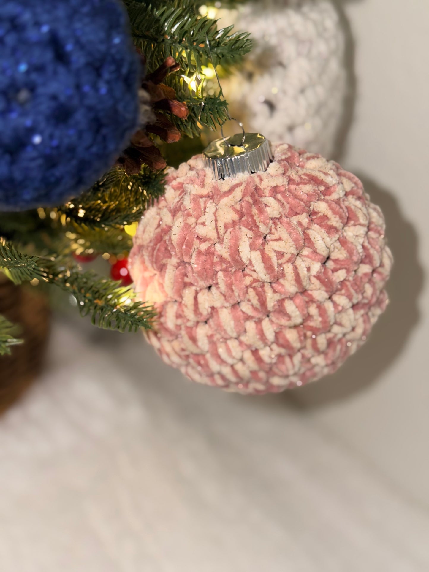 Handcrafted Velvet Crochet Christmas Bauble Ornament – Sparkly Holiday Tree Decor | Handmade Crochet Ornament | Single or Set of 4