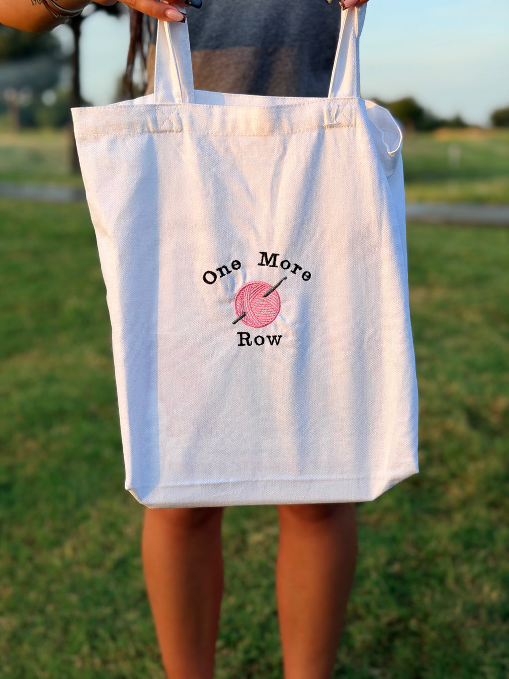 One More Row Embroidered Crochet Canvas Tote