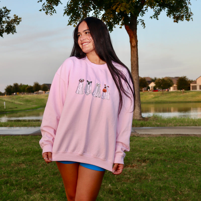 Smiling model wearing a light pink Ghost Dogs Trick-or-Treat embroidered crewneck sweatshirt featuring four adorable dogs dressed as ghosts, photographed outdoors during golden hour.