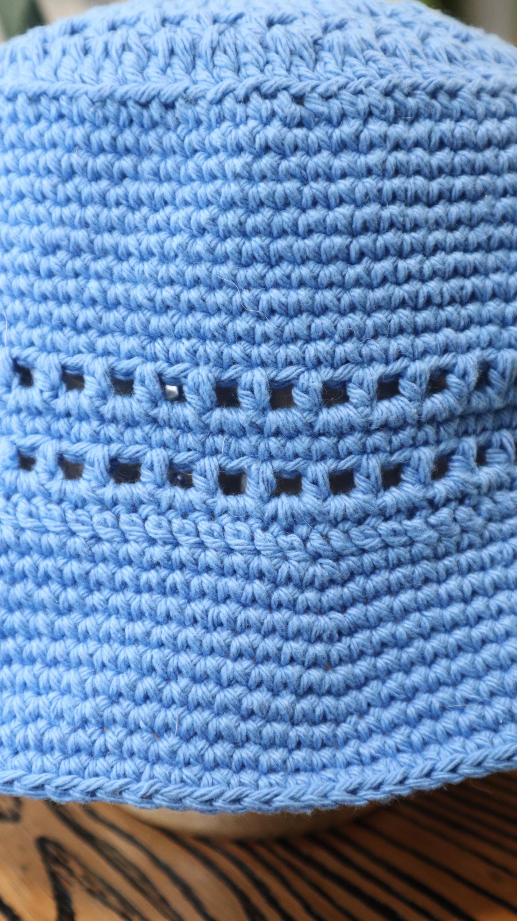 up close detail of crochet cotton bucket hat