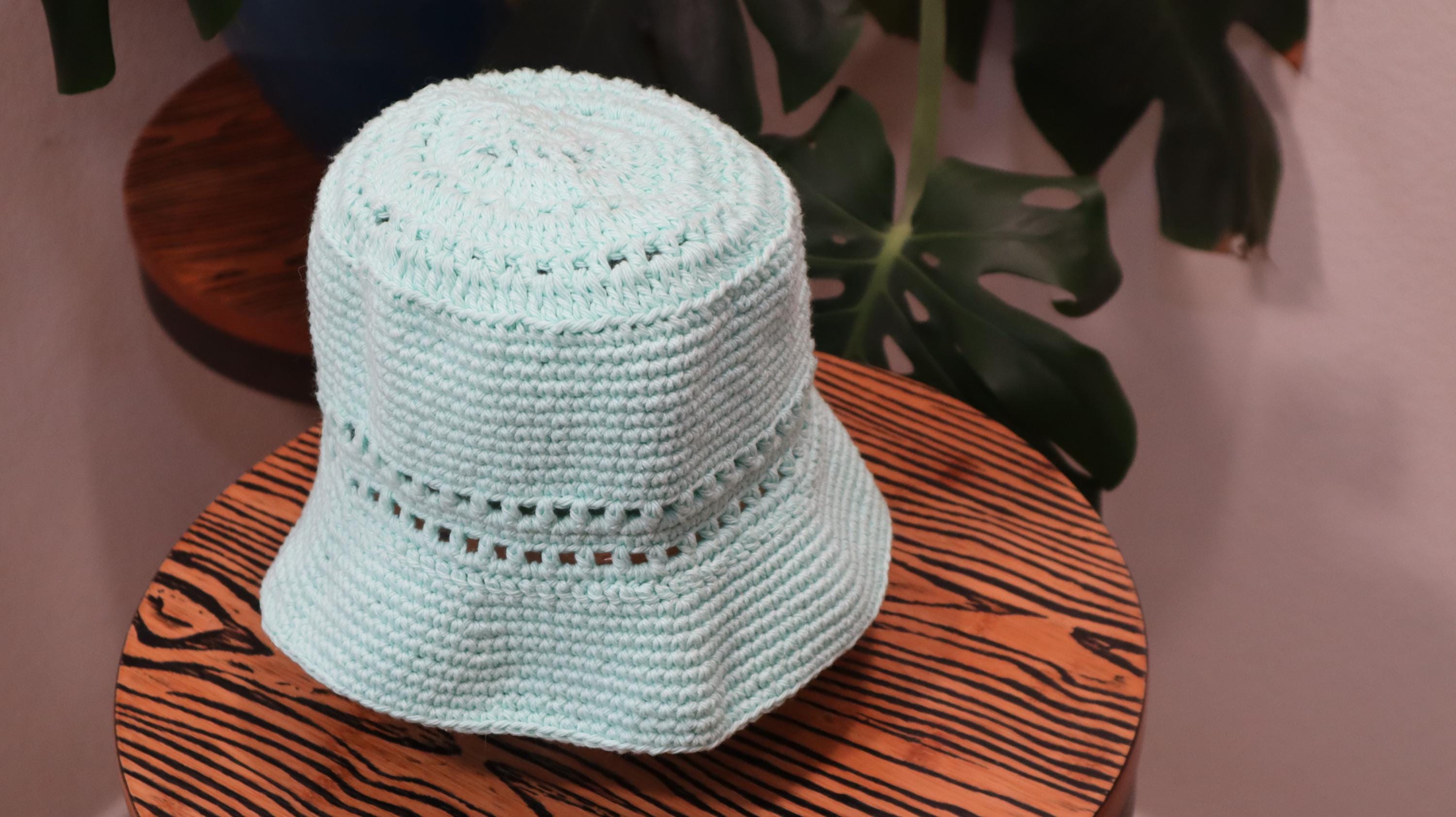 top-down view of starburst of crochet bucket hat