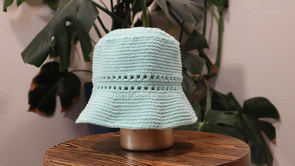 mint green crochet cotton bucket hat