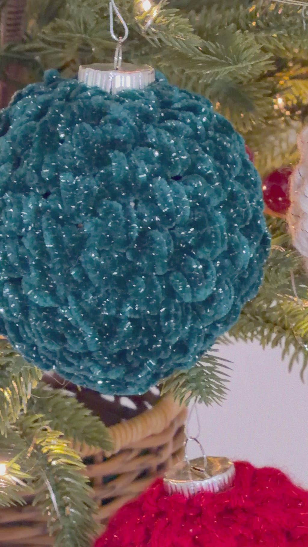 Handcrafted Velvet Crochet Christmas Bauble Ornament – Sparkly Holiday Tree Decor | Handmade Crochet Ornament | Single or Set of 4